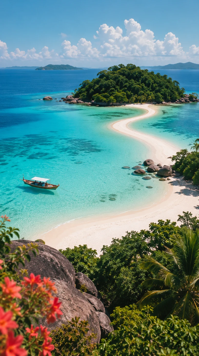 Pinterest-style winding sandbar and aqua lagoon on a hidden Malaysian island