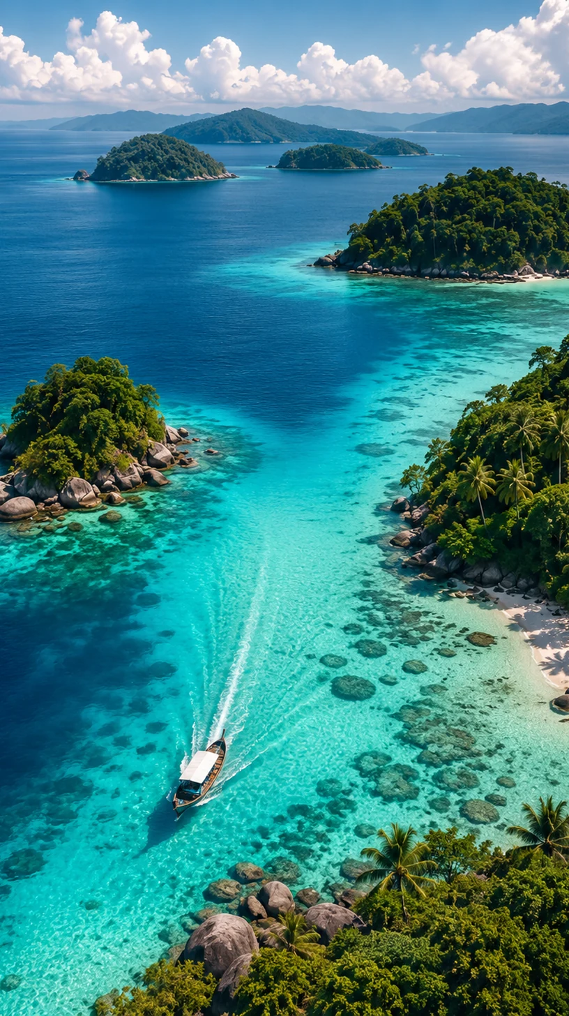 Pinterest-style island-hopping boat route through deep ocean and aqua Malaysian channels