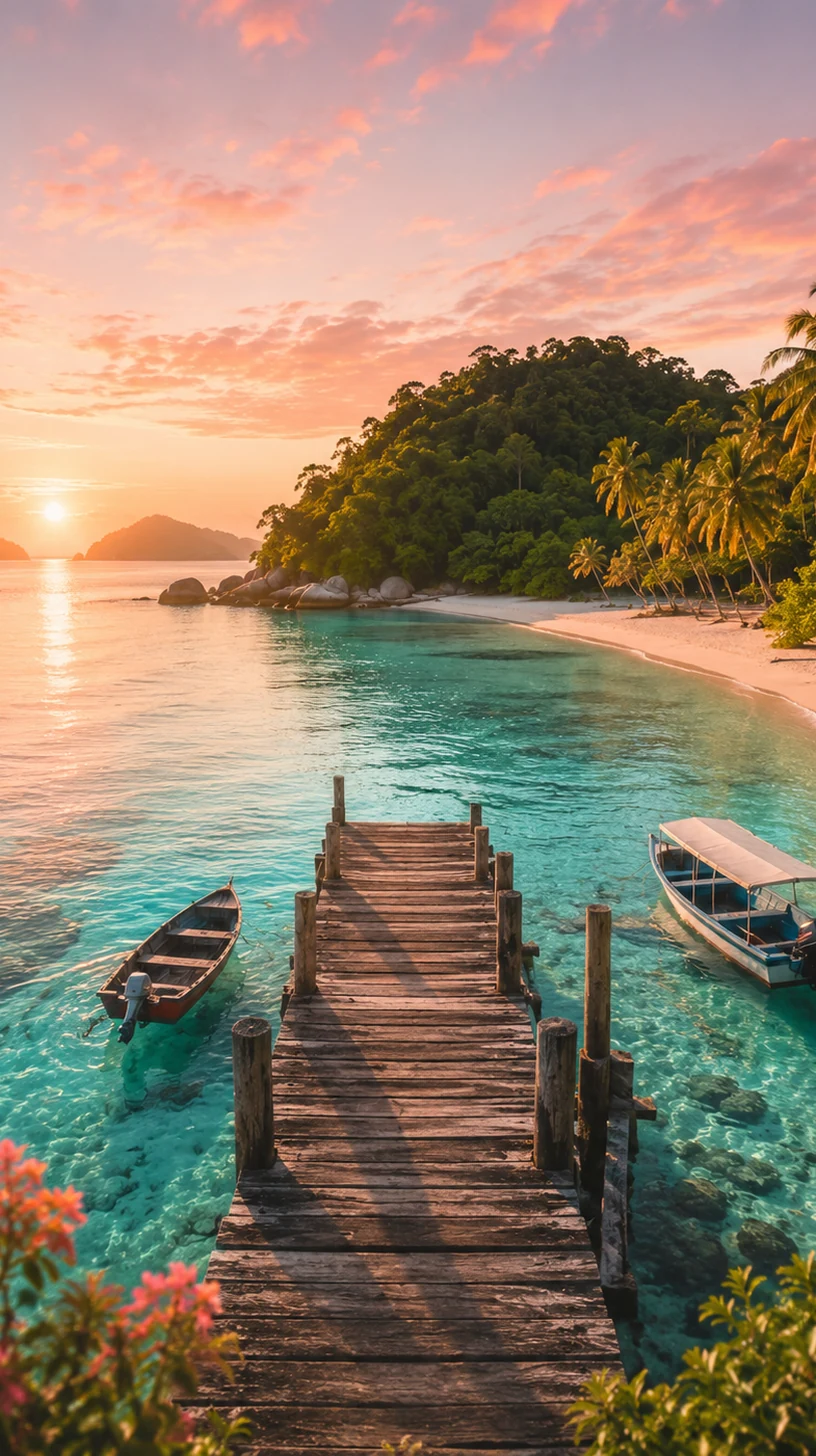 Pinterest-style Malaysian island jetty with coral sunset glow and turquoise water